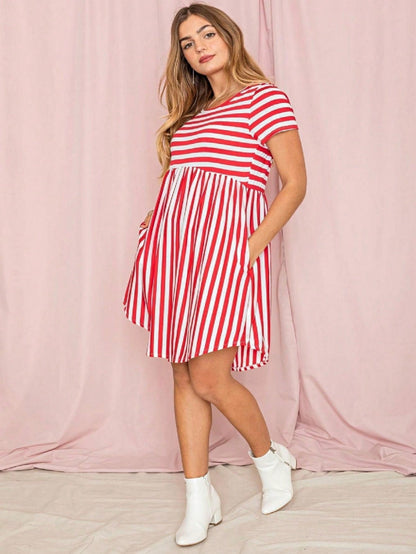 Vintage Boho Summer Fall Mustard Grey Red Blue Black Green Stripe Swing T Shirt Sleeve Southern Dress | Small-3 XL Plus