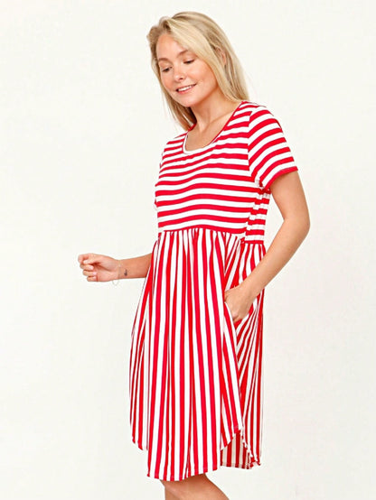 Vintage Boho Summer Fall Mustard Grey Red Blue Black Green Stripe Swing T Shirt Sleeve Southern Dress | Small-3 XL Plus