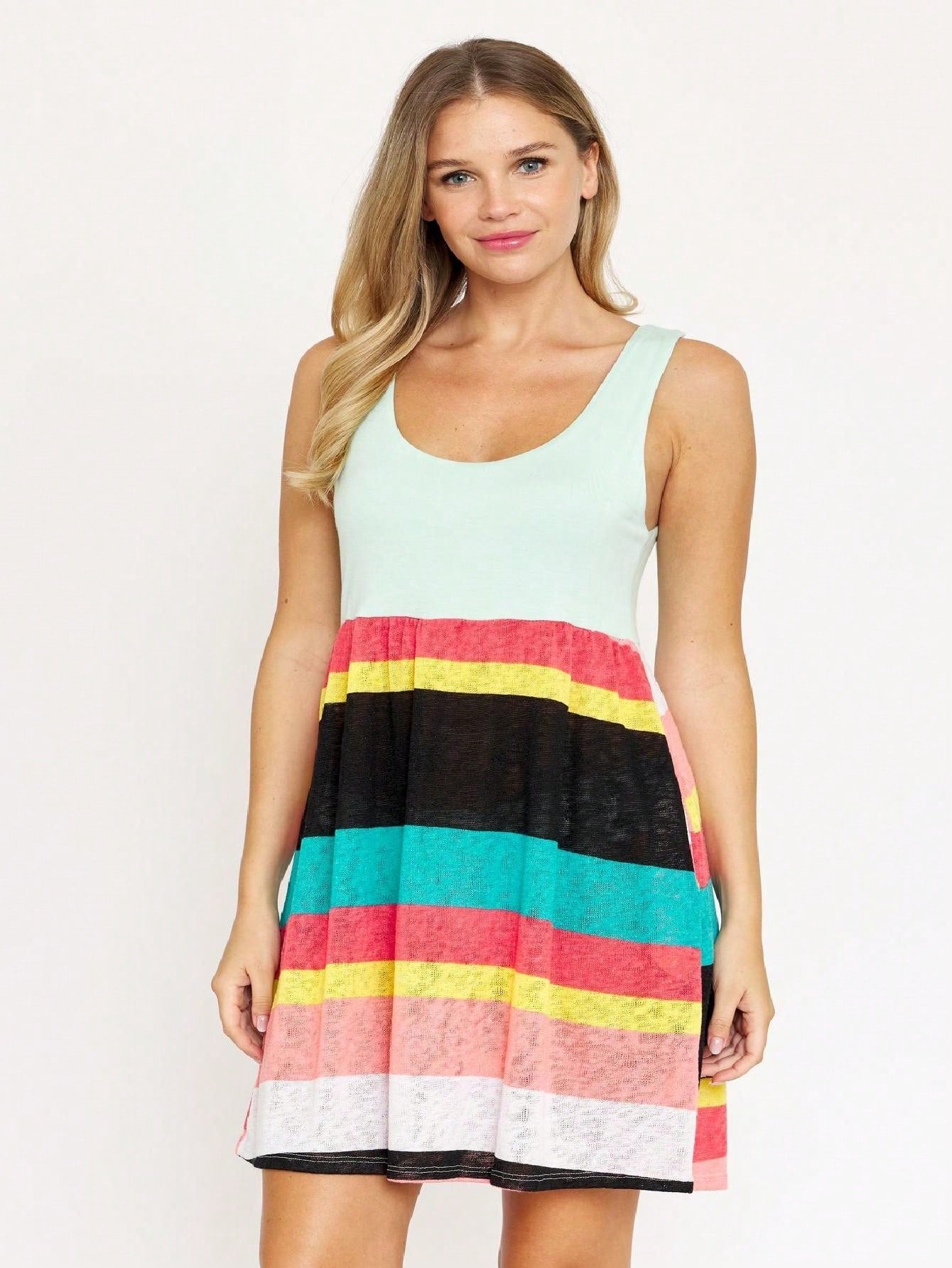 Boho Vintage Chevron Stripe Pink Yellow Navy Sleeveless Mini Poolside Cover Up Dress Small To 3 XL Plus