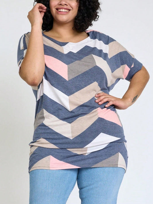 Soft Vintage Boatneck Chevron Mustard Navy Sage Zig Zag Charcoal  Half Puff  Lantern Sleeve Color Block Tunic Top For Leggings Shorts And Jeans  | 7 Colors | S-3X