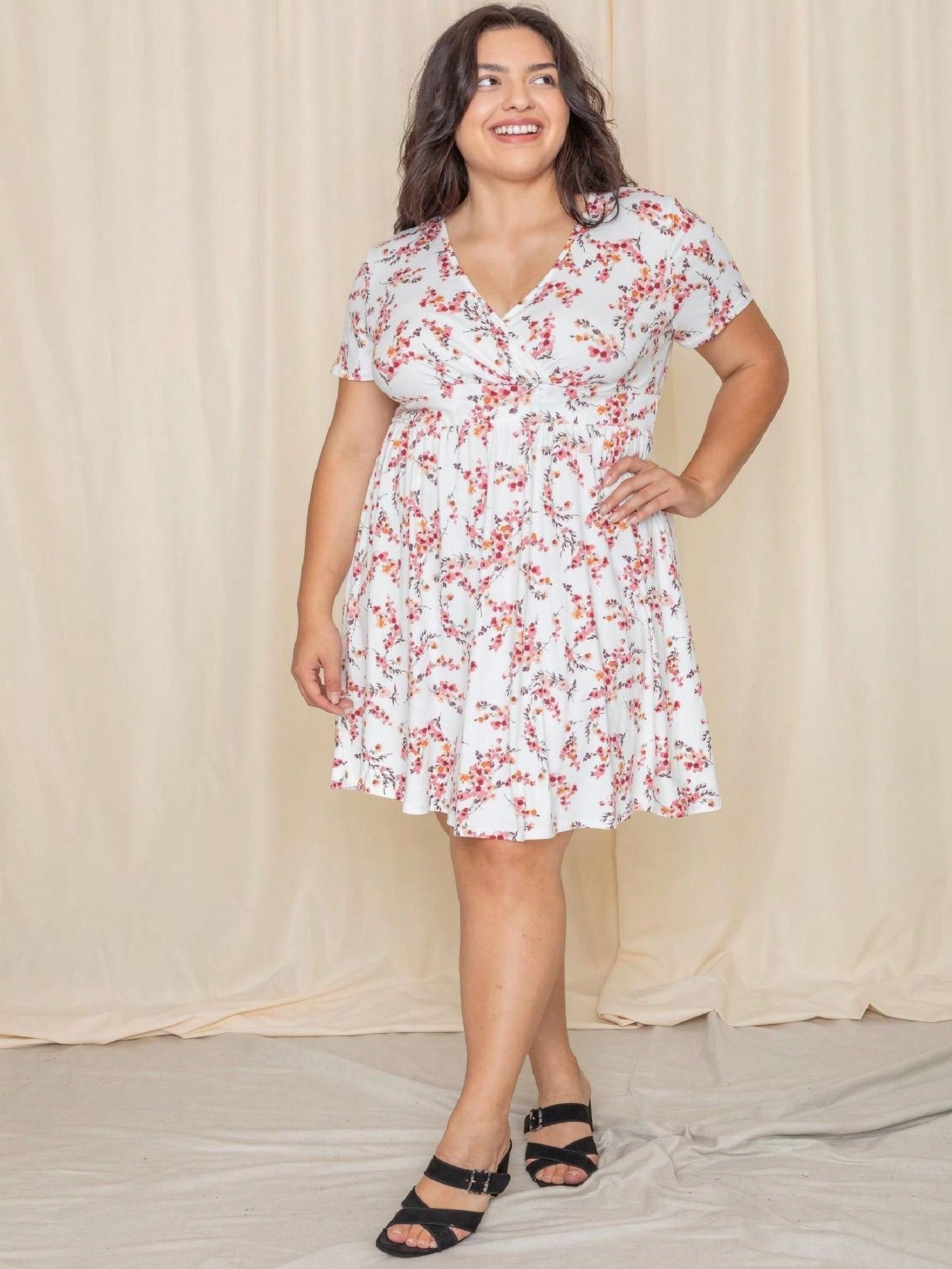 Boho Retro Sage Navy Pink Black Ditsy Floral Surplice Deep V Neck Band Waist Shirring Soft Swing Dress Small To 3 XL Plus