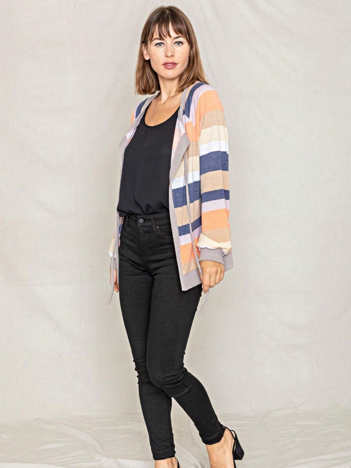Boho Retro Olive Orange String Ribbon Bow Front Stripe Puff Raglan Shoulder Light Weight Cardigan Small To 3 XL PLUS