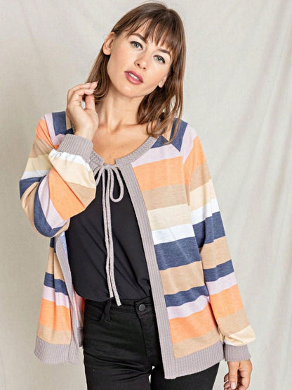 Boho Retro Olive Orange String Ribbon Bow Front Stripe Puff Raglan Shoulder Light Weight Cardigan Small To 3 XL PLUS