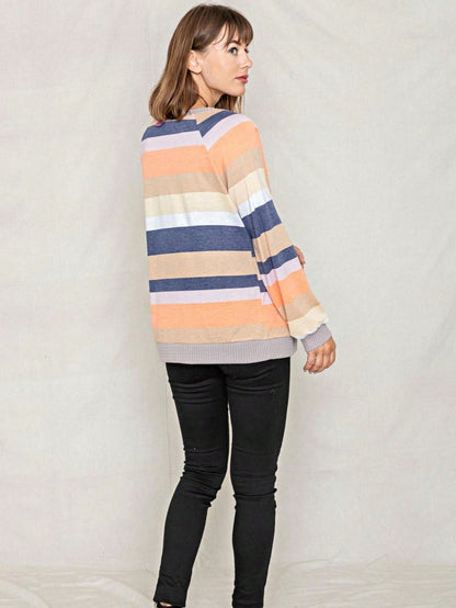 Boho Retro Olive Orange String Ribbon Bow Front Stripe Puff Raglan Shoulder Light Weight Cardigan Small To 3 XL PLUS