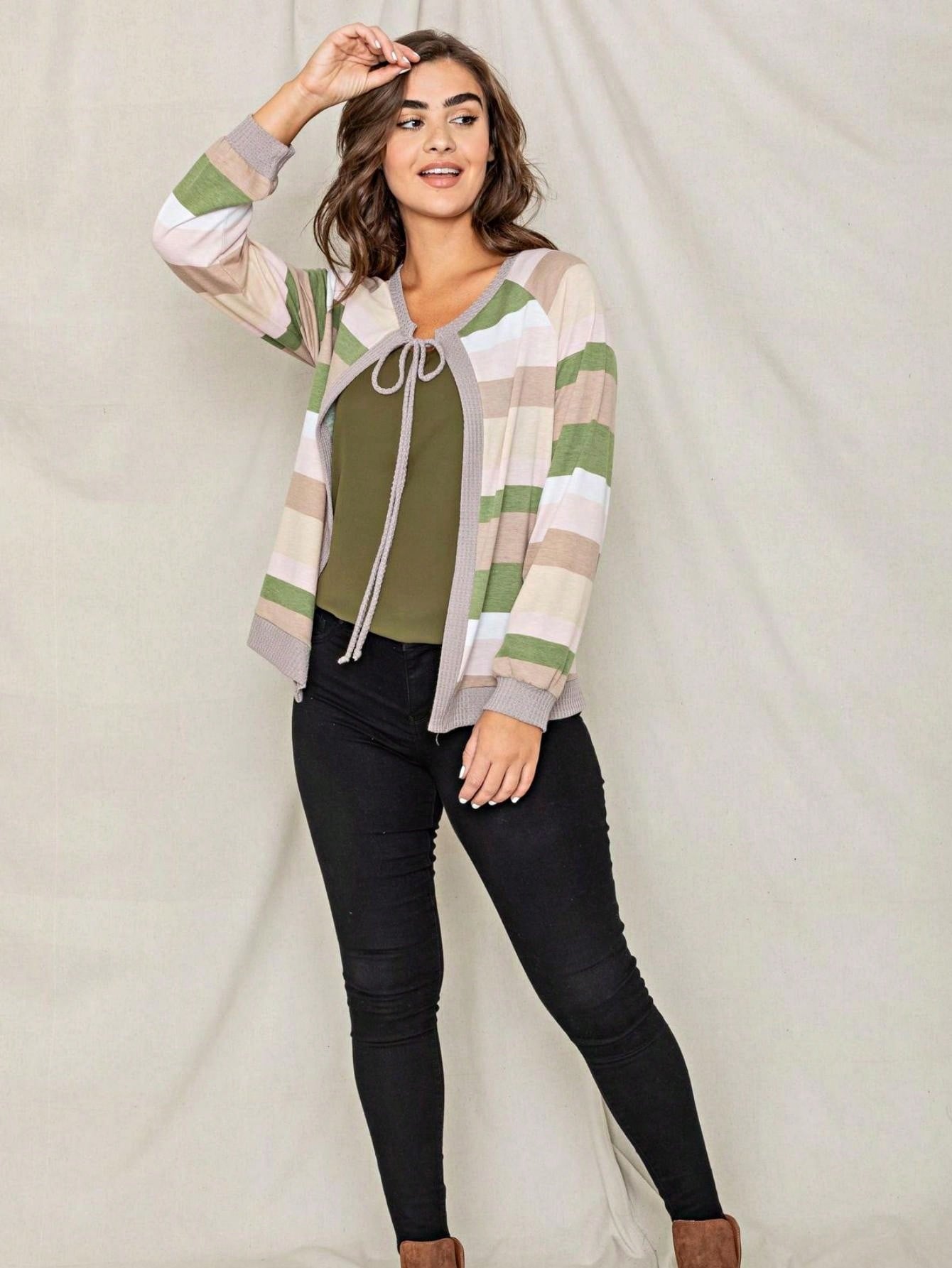 Boho Retro Olive Orange String Ribbon Bow Front Stripe Puff Raglan Shoulder Light Weight Cardigan Small To 3 XL PLUS