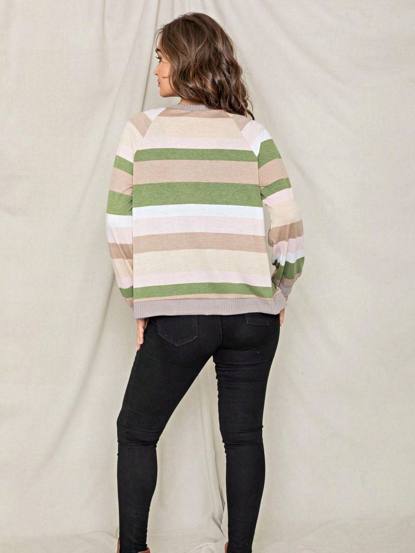 Boho Retro Olive Orange String Ribbon Bow Front Stripe Puff Raglan Shoulder Light Weight Cardigan Small To 3 XL PLUS