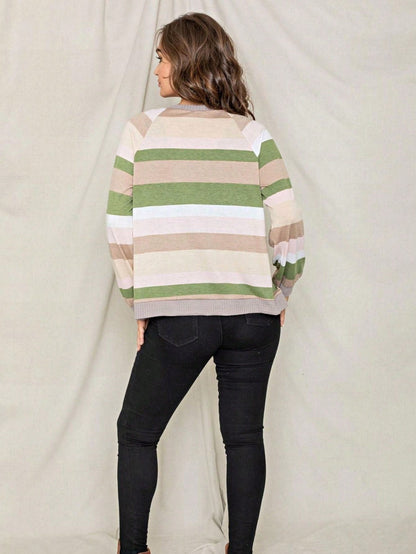 Boho Retro Olive Orange String Ribbon Bow Front Stripe Puff Raglan Shoulder Light Weight Cardigan Small To 3 XL PLUS