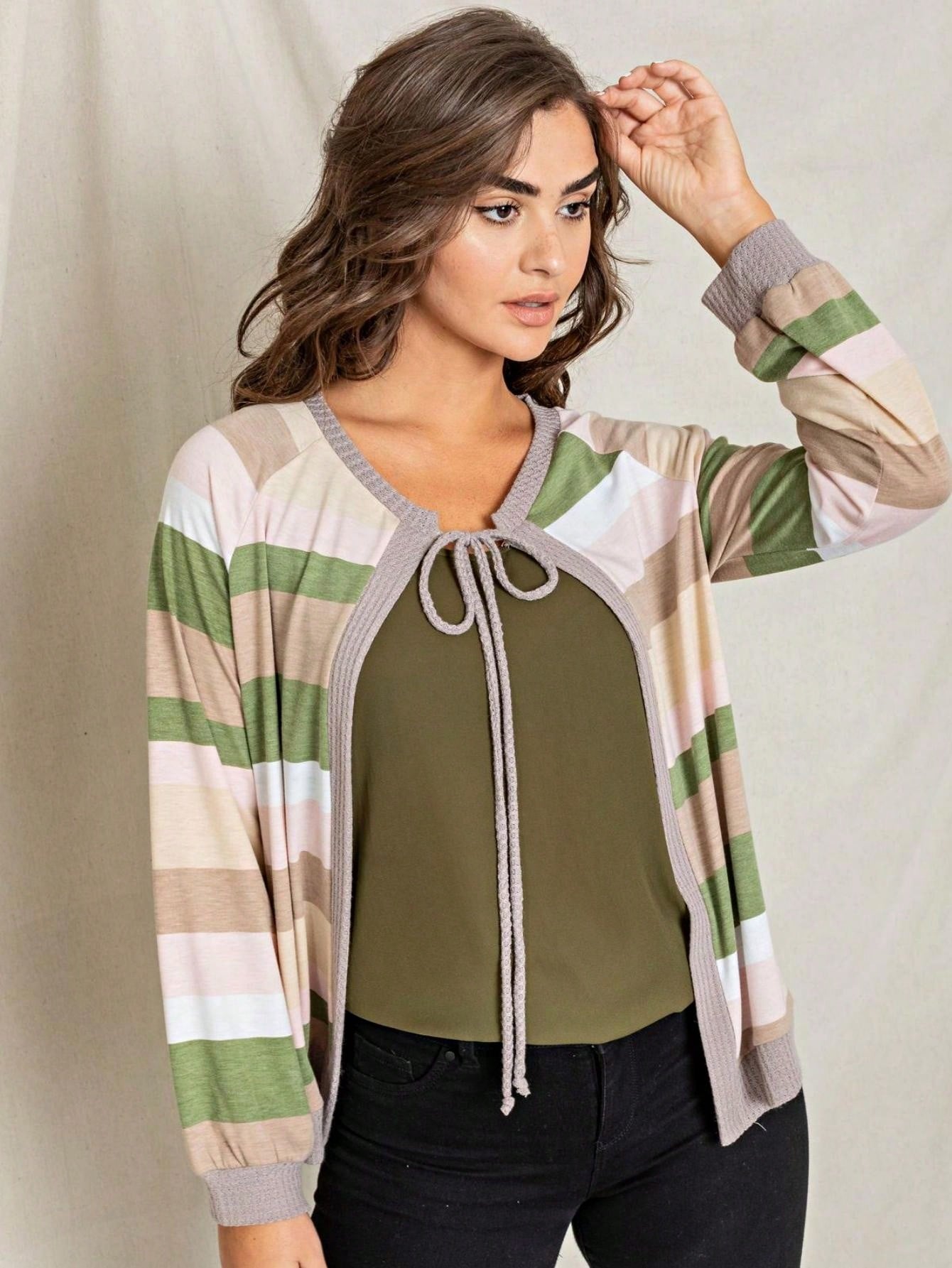 Boho Retro Olive Orange String Ribbon Bow Front Stripe Puff Raglan Shoulder Light Weight Cardigan Small To 3 XL PLUS