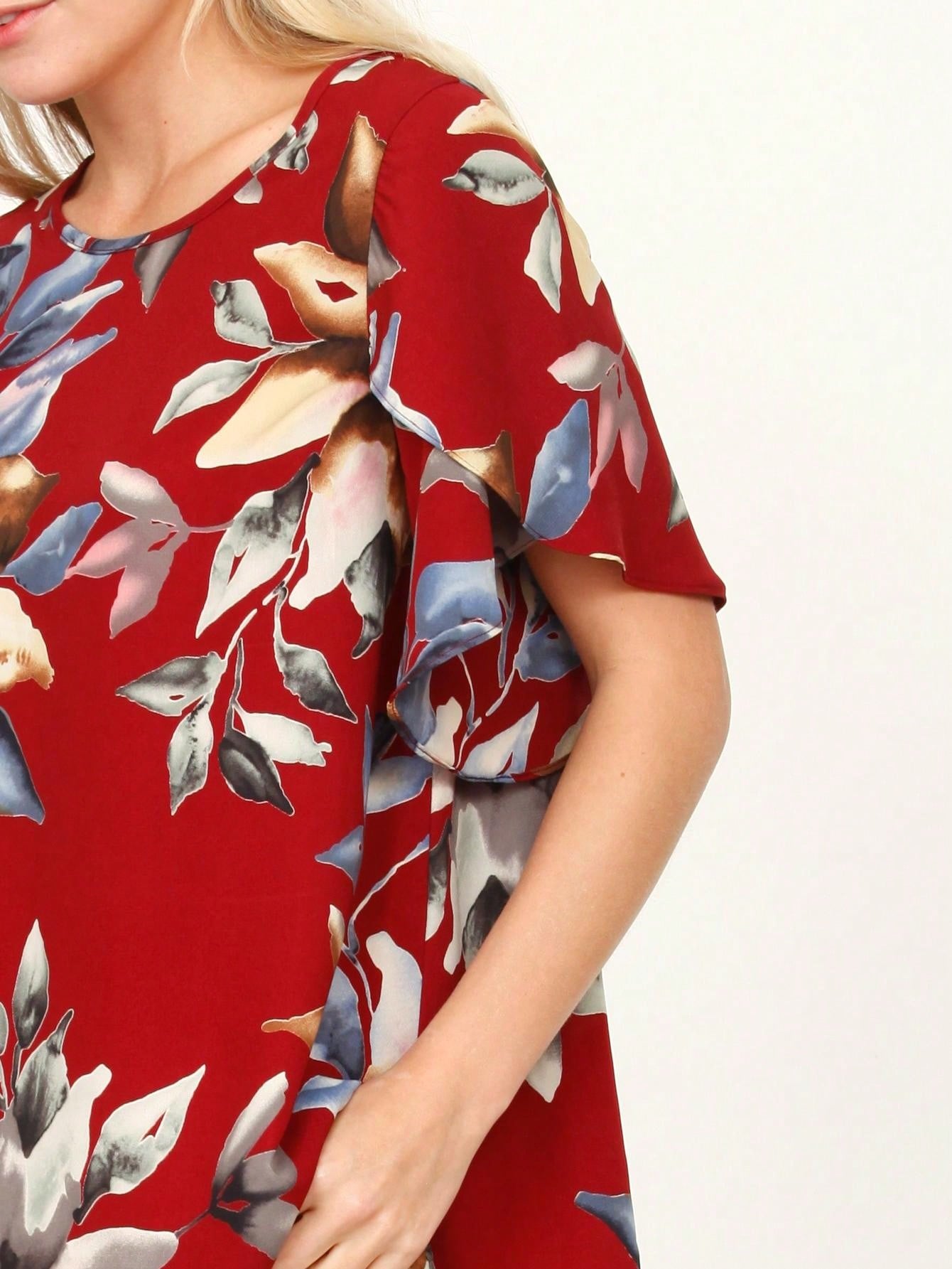 Summer Cool Floral Feather Leaves Ruffle Woven Petal Blouse Tulip Sleeve Top |  Small -3 XL