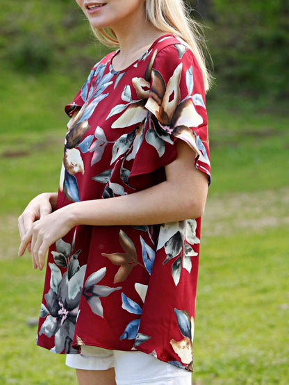 Summer Cool Floral Feather Leaves Ruffle Woven Petal Blouse Tulip Sleeve Top |  Small -3 XL