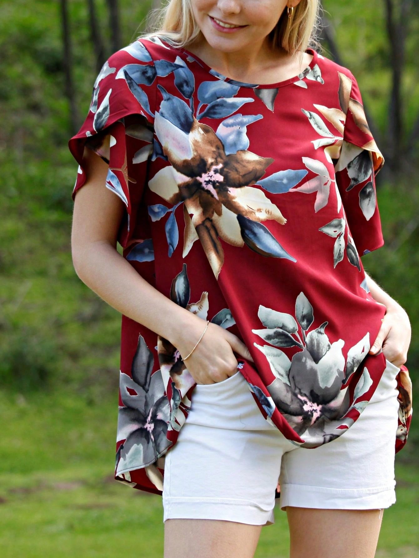 Summer Cool Floral Feather Leaves Ruffle Woven Petal Blouse Tulip Sleeve Top |  Small -3 XL