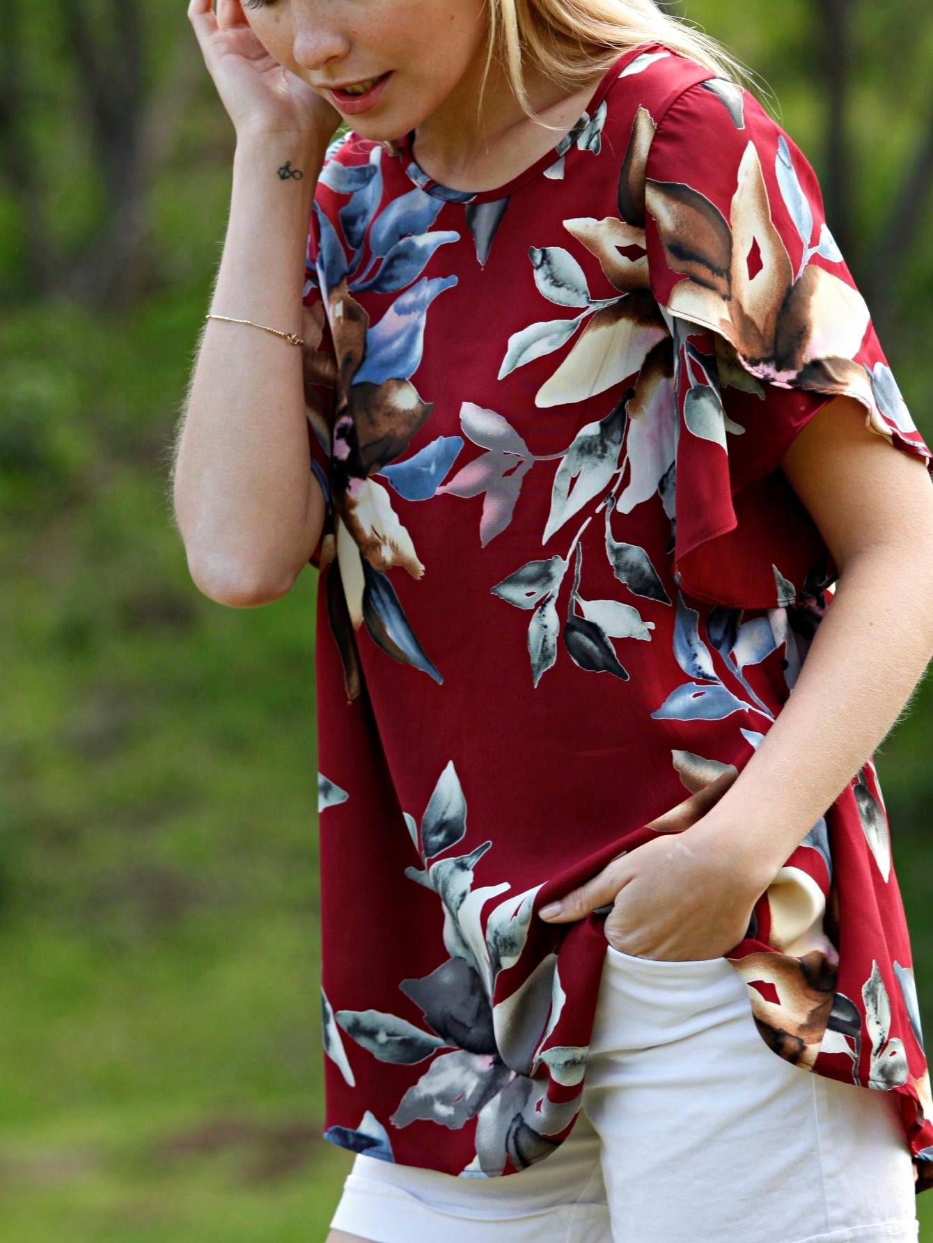 Summer Cool Floral Feather Leaves Ruffle Woven Petal Blouse Tulip Sleeve Top |  Small -3 XL