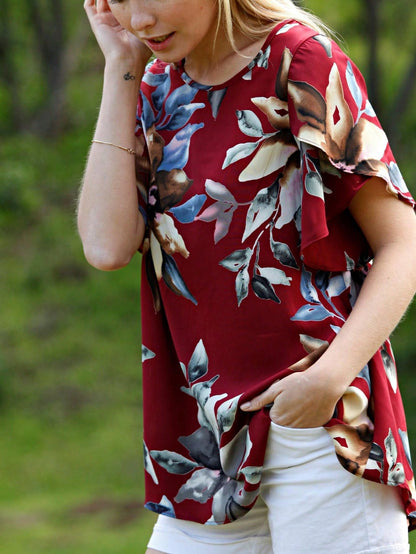 Summer Cool Floral Feather Leaves Ruffle Woven Petal Blouse Tulip Sleeve Top |  Small -3 XL