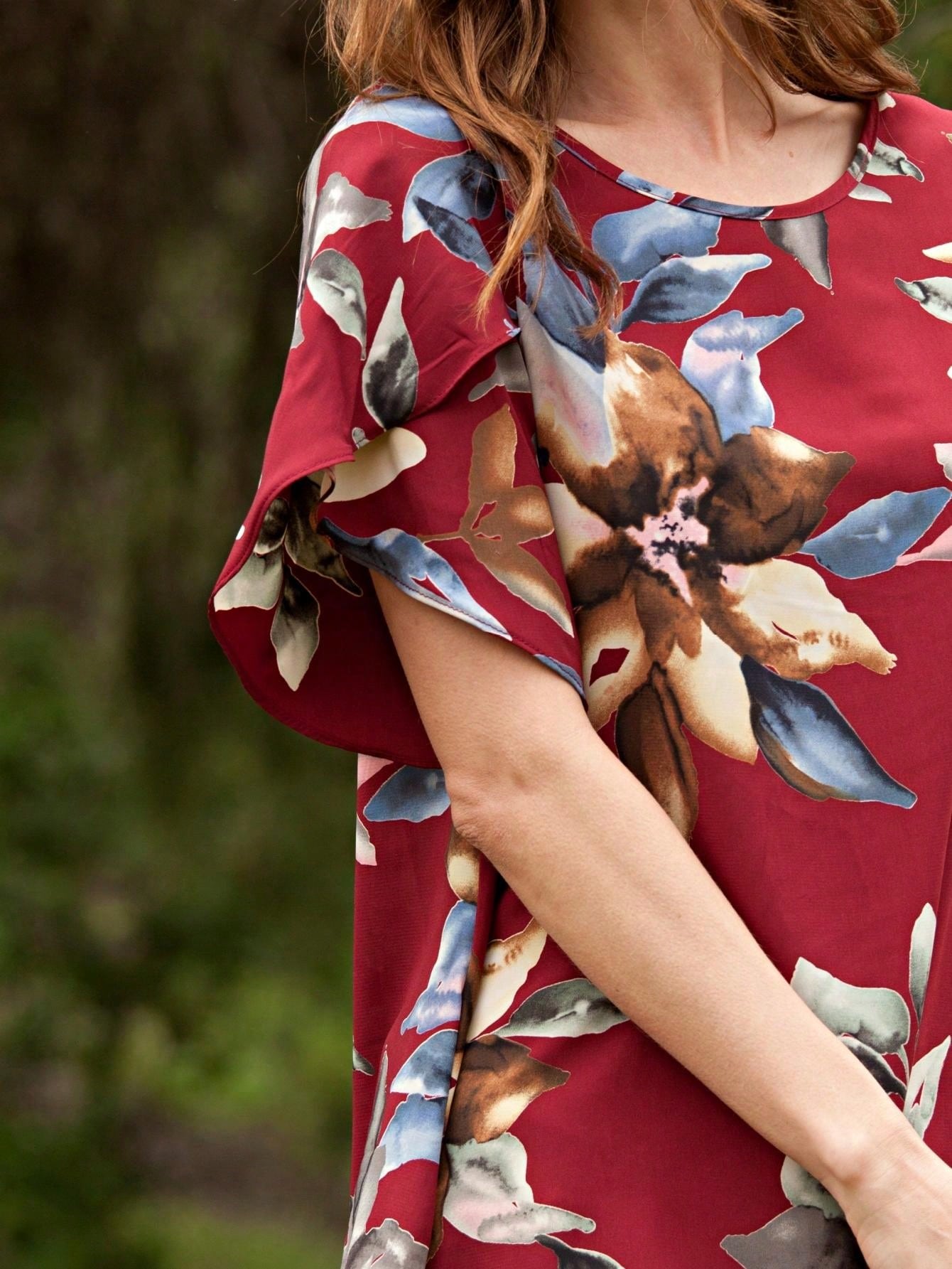 Summer Cool Floral Feather Leaves Ruffle Woven Petal Blouse Tulip Sleeve Top |  Small -3 XL