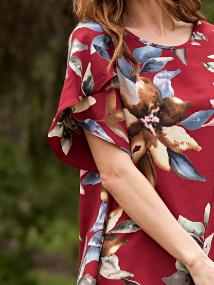 Summer Cool Floral Feather Leaves Ruffle Woven Petal Blouse Tulip Sleeve Top |  Small -3 XL
