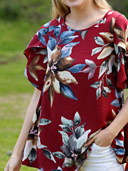 Summer Cool Floral Feather Leaves Ruffle Woven Petal Blouse Tulip Sleeve Top |  Small -3 XL