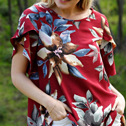Summer Cool Floral Feather Leaves Ruffle Woven Petal Blouse Tulip Sleeve Top |  Small -3 XL