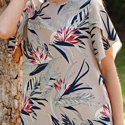 Summer Cool Floral Feather Leaves Ruffle Woven Petal Blouse Tulip Sleeve Top |  Small -3 XL