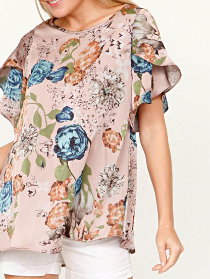 Summer Cool Floral Feather Leaves Ruffle Woven Petal Blouse Tulip Sleeve Top |  Small -3 XL