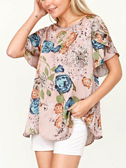 Summer Cool Floral Feather Leaves Ruffle Woven Petal Blouse Tulip Sleeve Top |  Small -3 XL