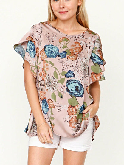 Summer Cool Floral Feather Leaves Ruffle Woven Petal Blouse Tulip Sleeve Top |  Small -3 XL
