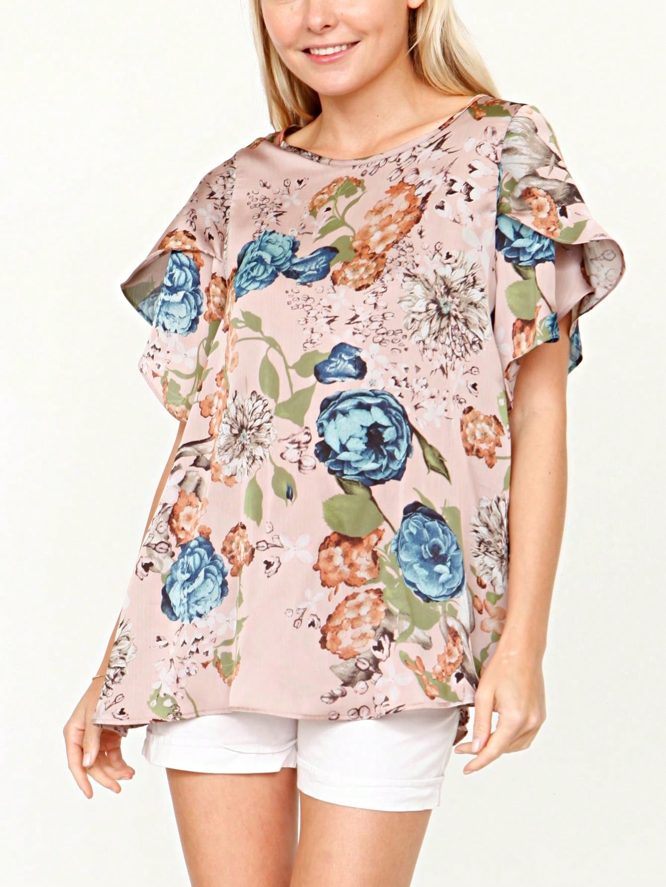 Summer Cool Floral Feather Leaves Ruffle Woven Petal Blouse Tulip Sleeve Top |  Small -3 XL