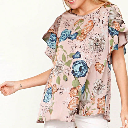 Summer Cool Floral Feather Leaves Ruffle Woven Petal Blouse Tulip Sleeve Top |  Small -3 XL