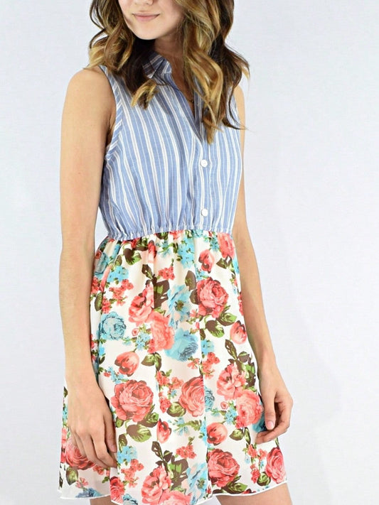 Boho Vintage Multi Stripe Button Shirt Floral Retro Mini Dress