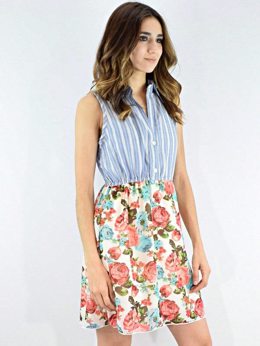 Boho Vintage Multi Stripe Button Shirt Floral Retro Mini Dress