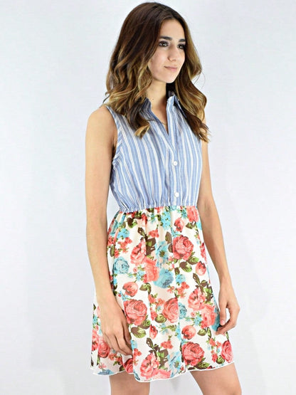 Boho Vintage Multi Stripe Button Shirt Floral Retro Mini Dress