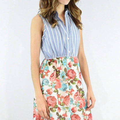 Boho Vintage Multi Stripe Button Shirt Floral Retro Mini Dress