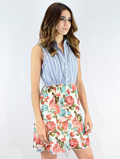 Boho Vintage Multi Stripe Button Shirt Floral Retro Mini Dress