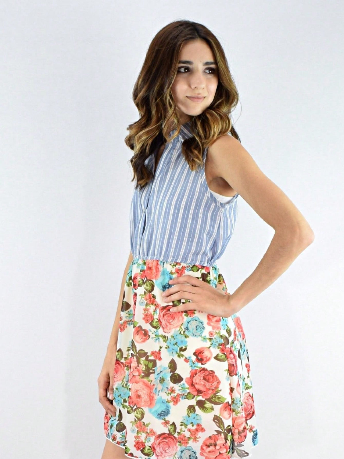 Boho Vintage Multi Stripe Button Shirt Floral Retro Mini Dress