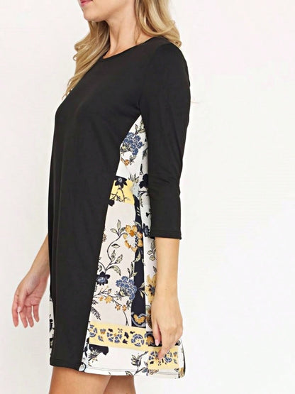 Boho Retro Black Navy Contrast Floral Aline Mini Dress