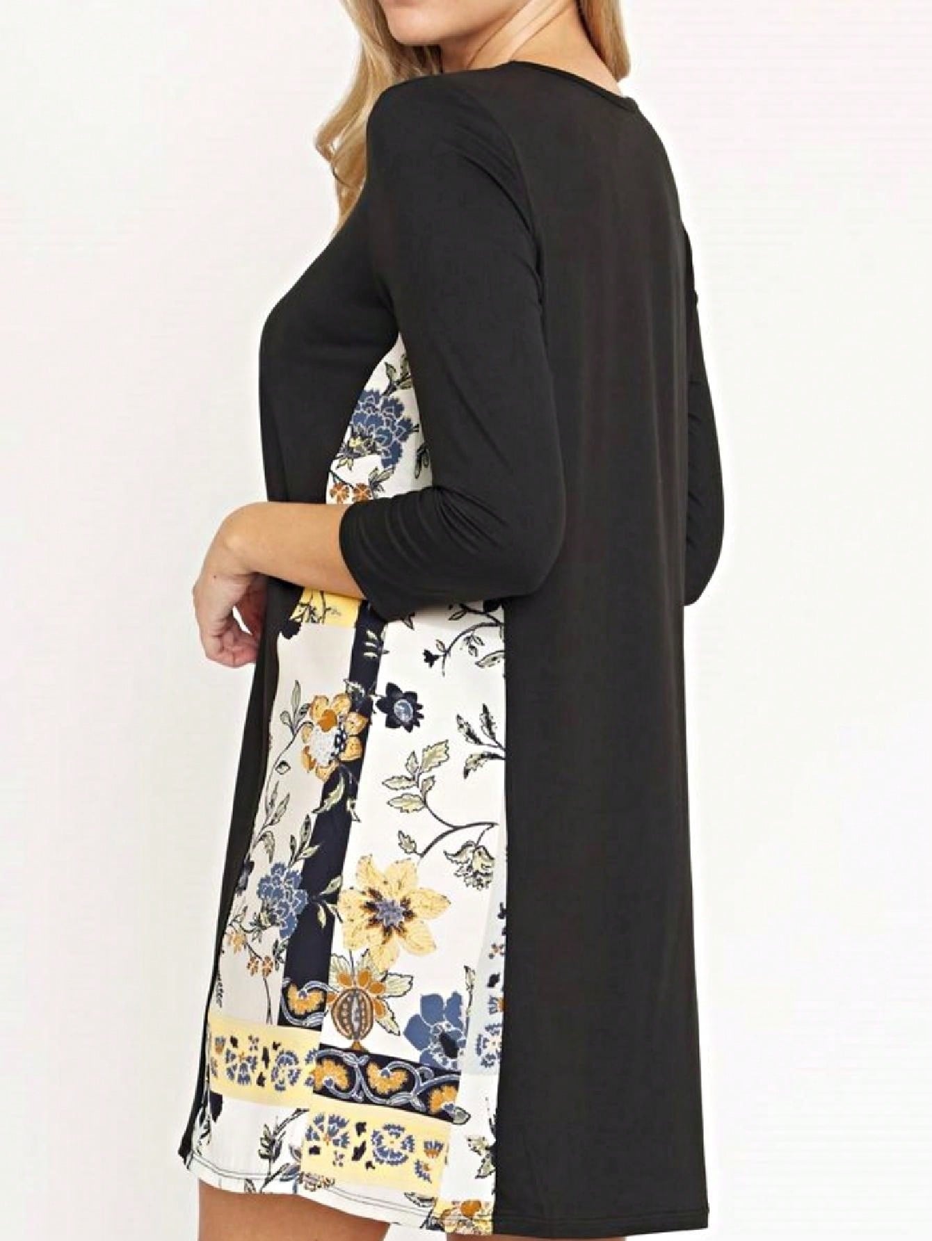 Boho Retro Black Navy Contrast Floral Aline Mini Dress