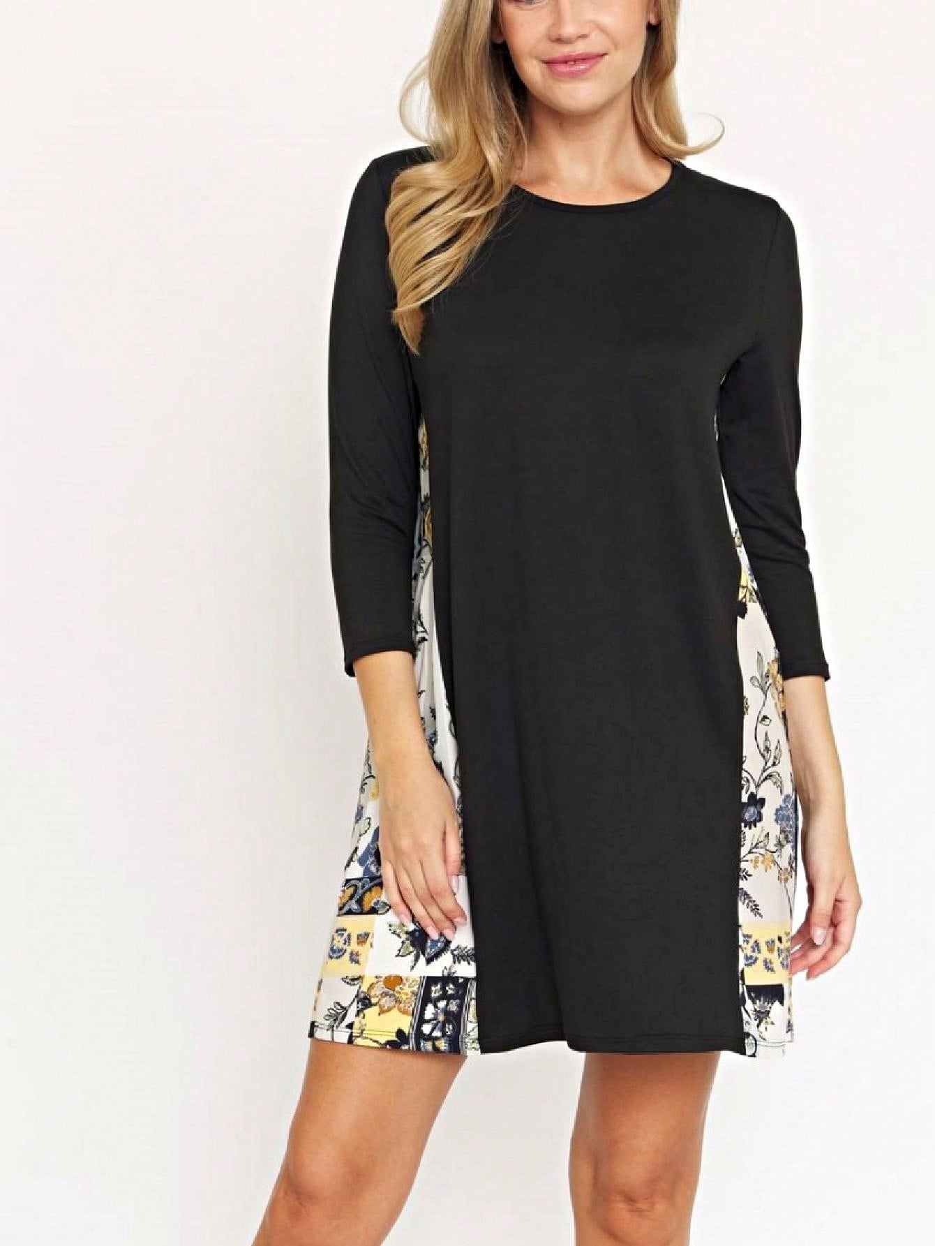 Boho Retro Black Navy Contrast Floral Aline Mini Dress