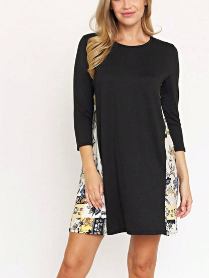 Boho Retro Black Navy Contrast Floral Aline Mini Dress