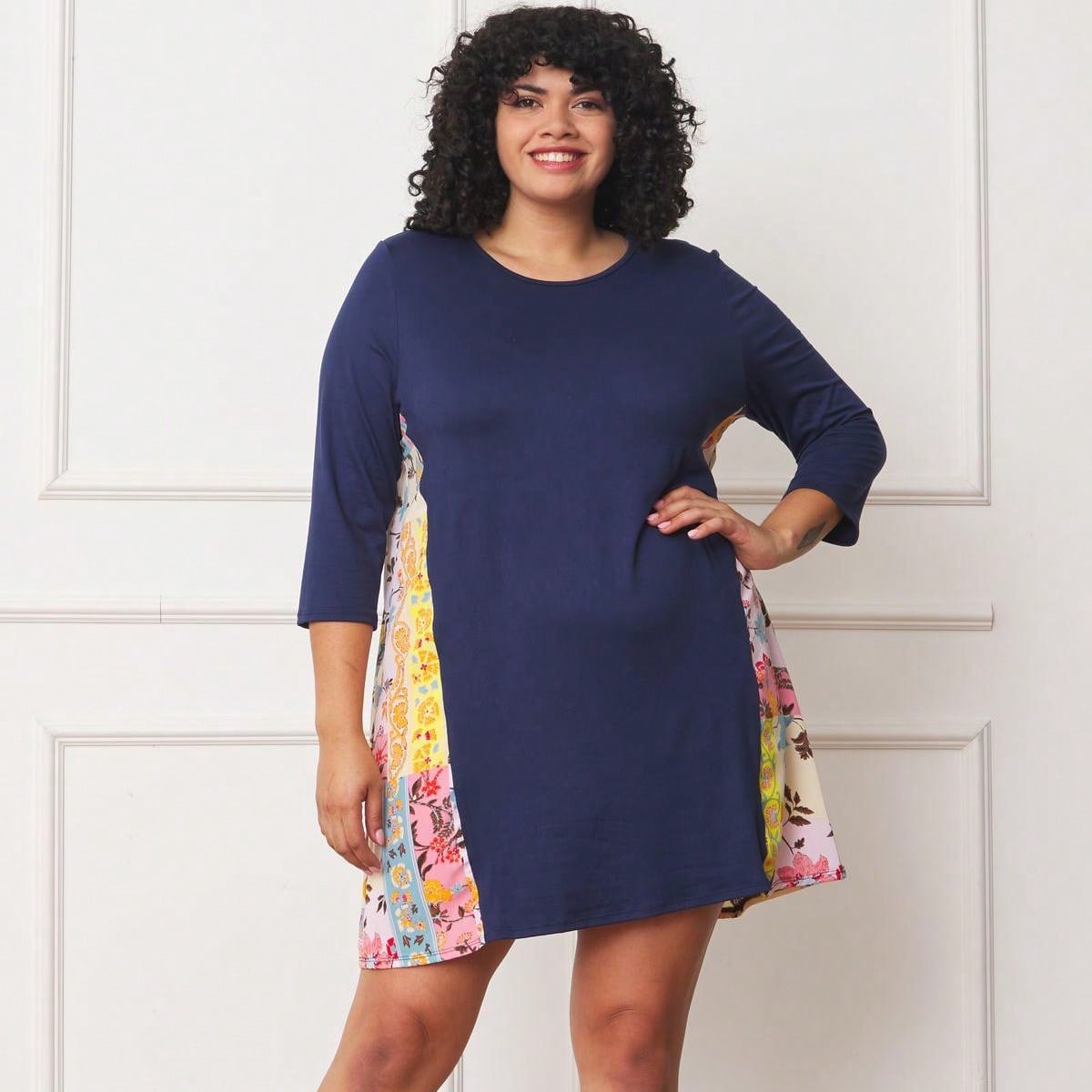 Boho Retro Black Navy Contrast Floral Aline Mini Dress