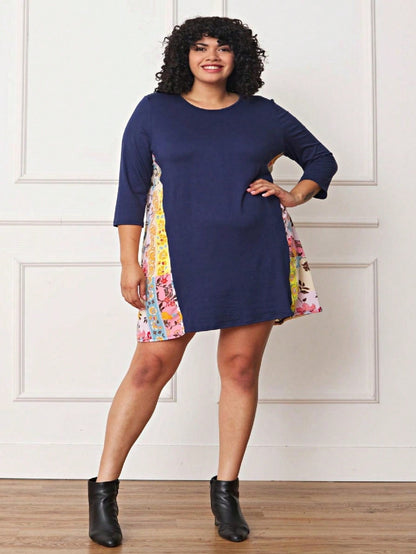 Boho Retro Black Navy Contrast Floral Aline Mini Dress