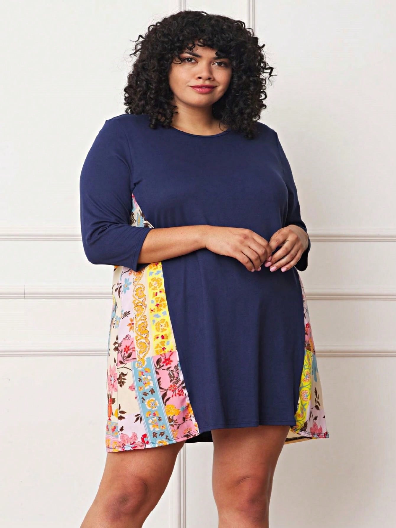Boho Retro Black Navy Contrast Floral Aline Mini Dress