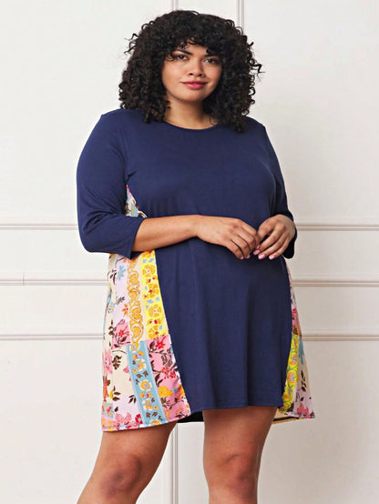 Boho Retro Black Navy Contrast Floral Aline Mini Dress