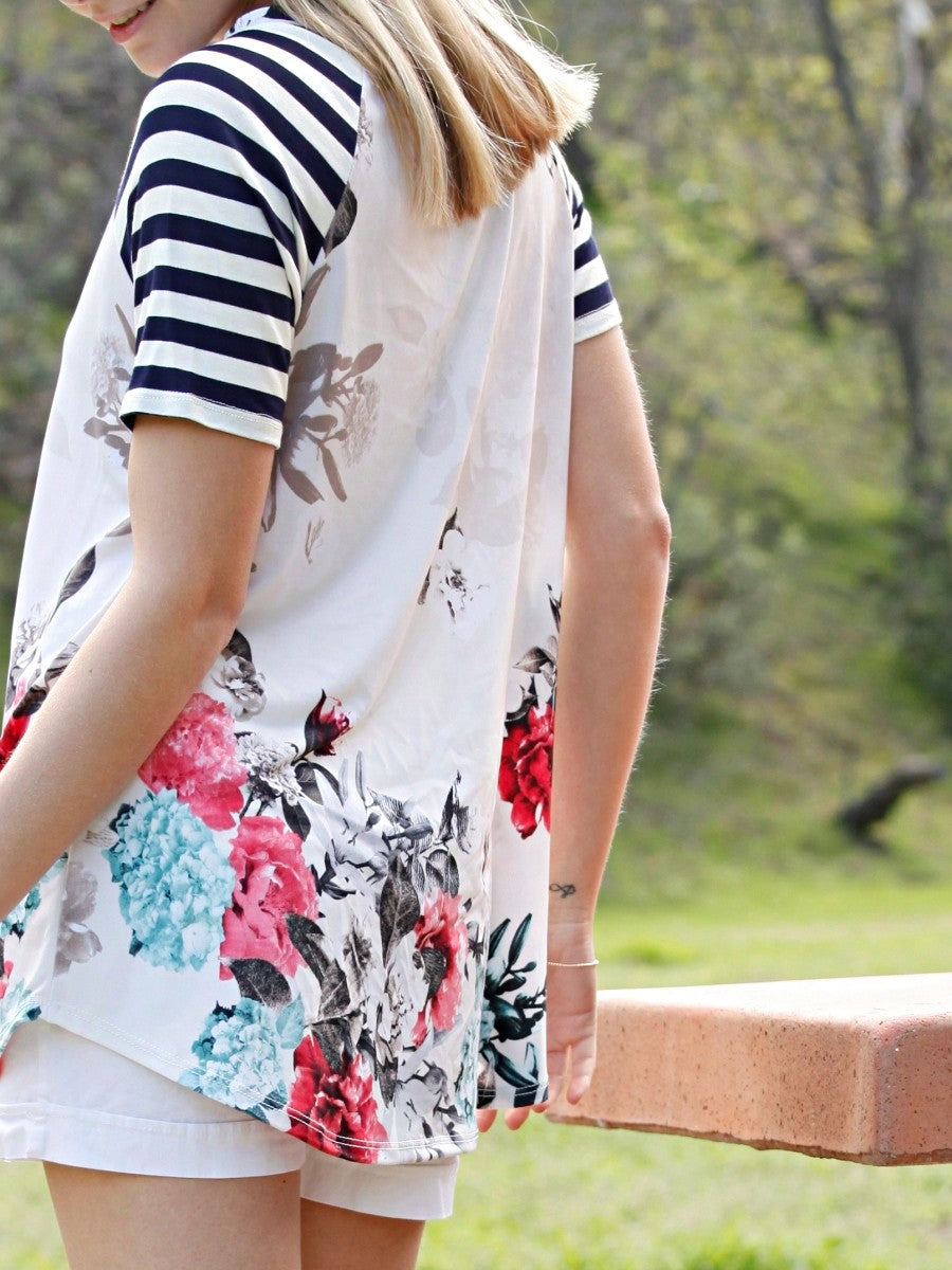 Summer Cool Floral Stripe Raglan Stripe Sleeve Top T Shirt Blouse |  Small -3 XL