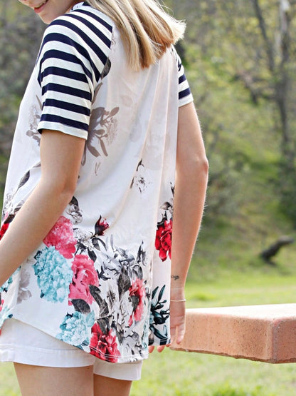 Summer Cool Floral Stripe Raglan Stripe Sleeve Top T Shirt Blouse |  Small -3 XL