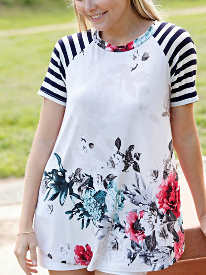 Summer Cool Floral Stripe Raglan Stripe Sleeve Top T Shirt Blouse |  Small -3 XL