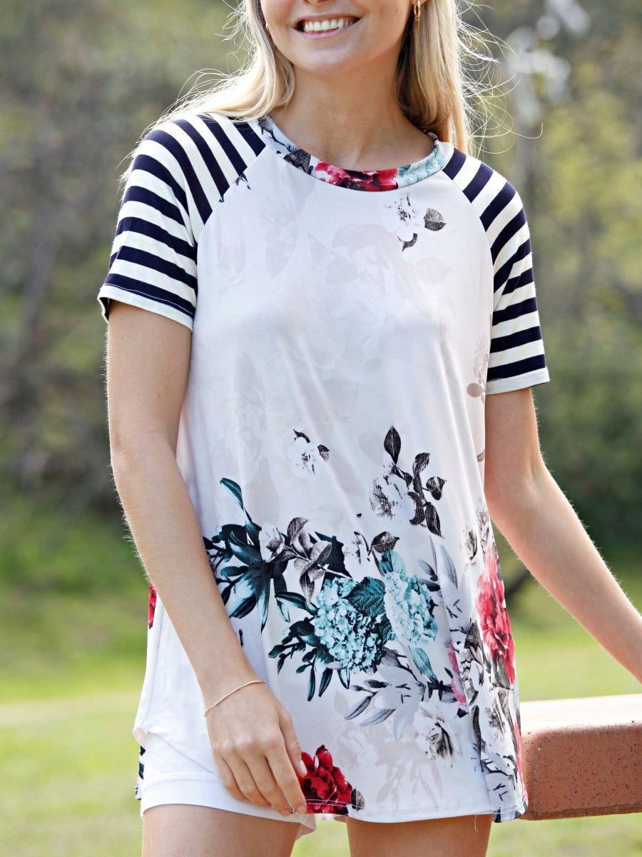 Summer Cool Floral Stripe Raglan Stripe Sleeve Top T Shirt Blouse |  Small -3 XL