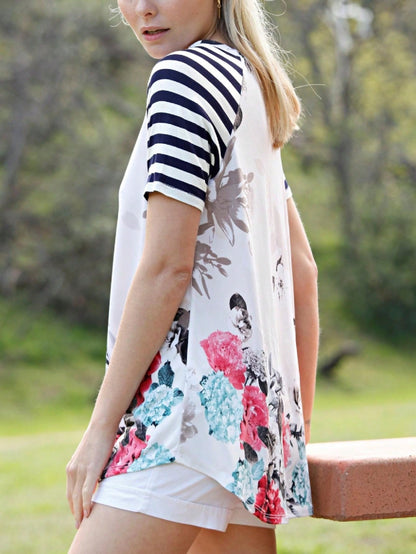 Summer Cool Floral Stripe Raglan Stripe Sleeve Top T Shirt Blouse |  Small -3 XL