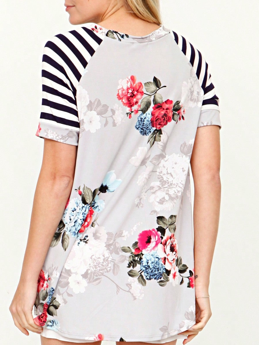Summer Cool Floral Stripe Raglan Stripe Sleeve Top T Shirt Blouse |  Small -3 XL