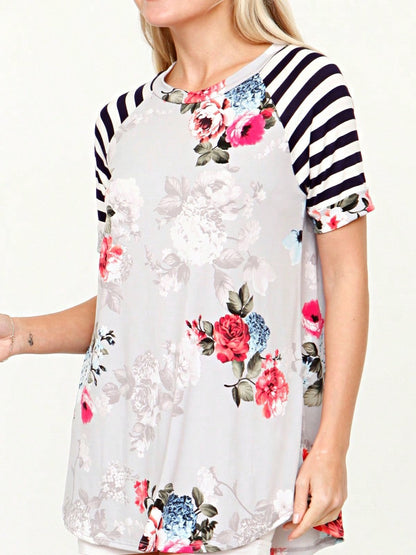 Summer Cool Floral Stripe Raglan Stripe Sleeve Top T Shirt Blouse |  Small -3 XL