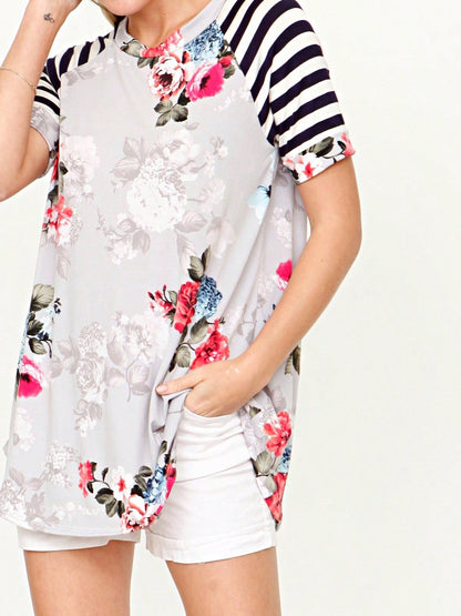 Summer Cool Floral Stripe Raglan Stripe Sleeve Top T Shirt Blouse |  Small -3 XL