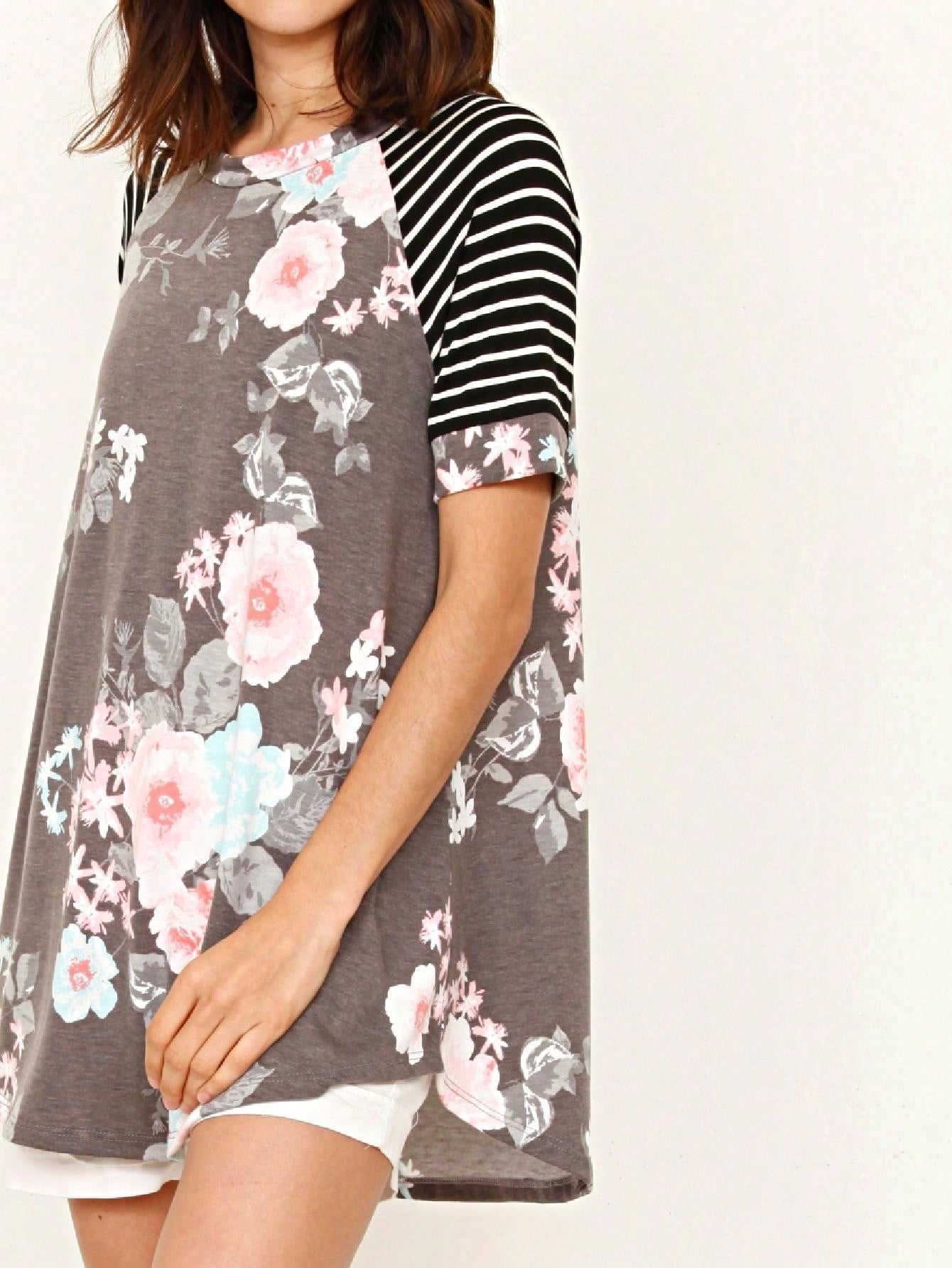 Summer Cool Floral Stripe Raglan Stripe Sleeve Top T Shirt Blouse |  Small -3 XL
